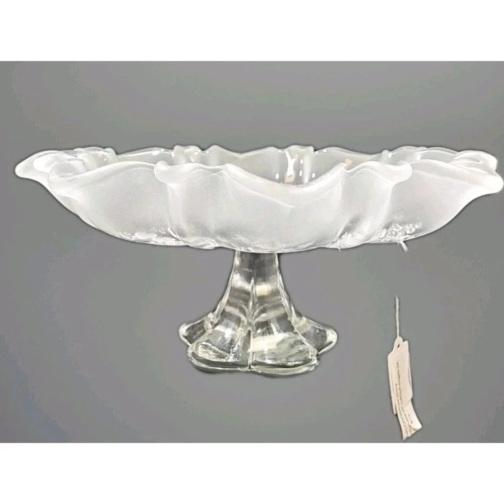 Vintage Mikasa Frosted Glass Christmas Pedestal Bowl Ruffled Winter Scene